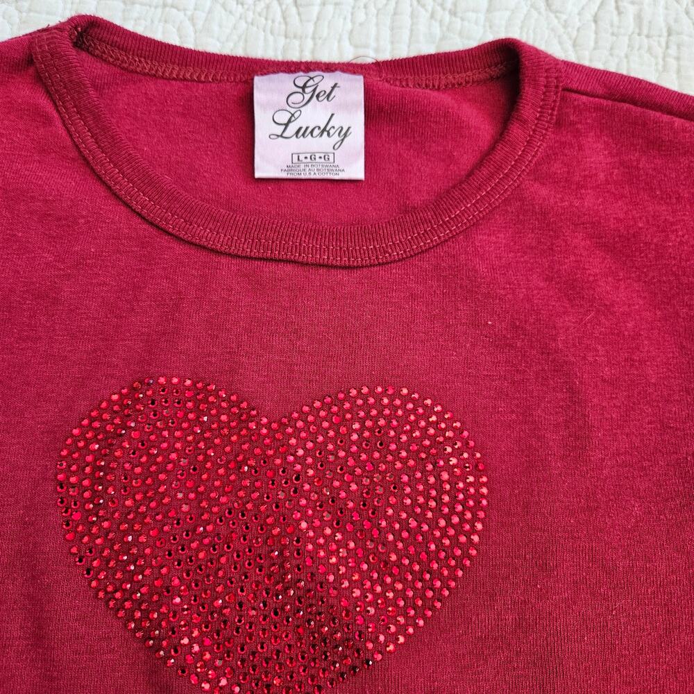 Y2k Baby Tee Rhinestone Heart Baby Tee Deadstock Get Lucky - Size Large - Picture 3 of 5